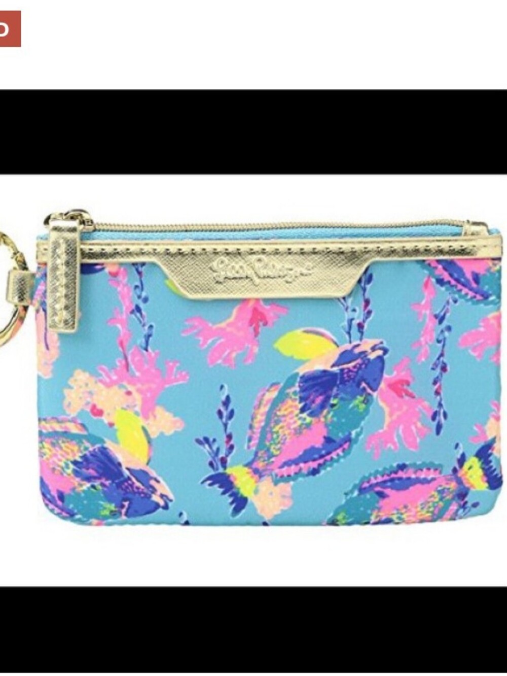 Lilly Pulitzer Blue Tropical Print  Id Card Wristlet with Gold Trim Sandstorm